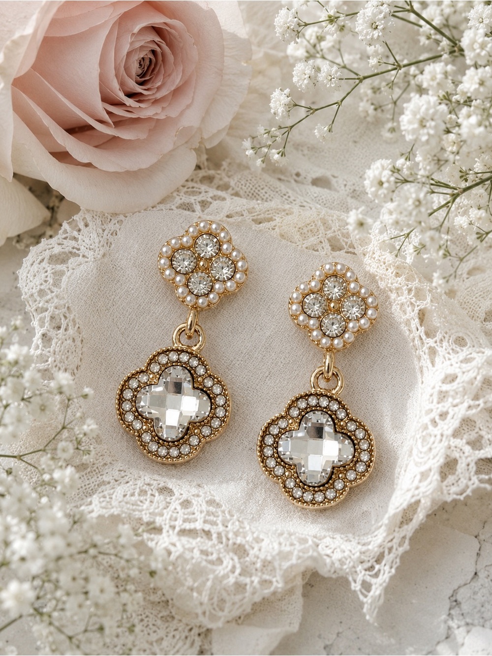 Gold Crystal & Faux Pearl Quatrefoil Drop Earrings NWT Boutique Style